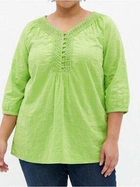Catherines Bright Green Embroidered Cotton Henley Top - 1X (18/20W)